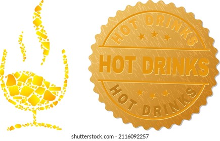 Golden combination of yellow elements for wine aroma icon, and gold metallic Hot Drinks seal. Wine aroma icon collage is designed of randomized golden elements.