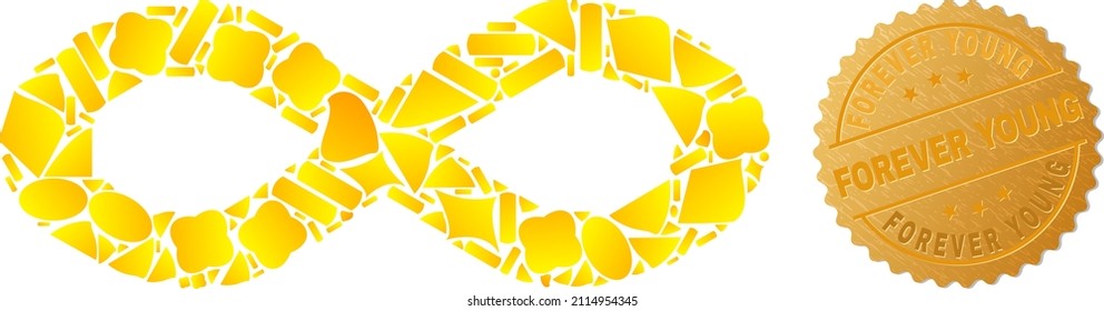 Golden combination of yellow fractions for alternative infinity icon, and gold metallic Forever Young stamp seal. Alternative infinity icon collage is done of scattered gold parts.