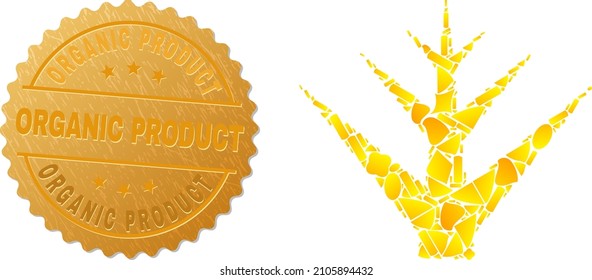 Golden combination of yellow fractions for decorative tree icon, and golden metallic Organic Product seal print. Decorative tree icon mosaic is constructed of random gold elements.