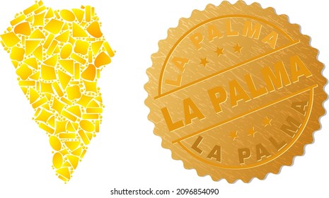 Golden combination of yellow fractions for La Palma Island map, and golden metallic La Palma seal. La Palma Island map collage is formed of randomized gold items.