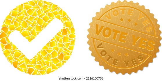 Golden combination of yellow fractions for yes icon, and golden metallic Vote Yes stamp seal. Yes icon mosaic is organized of random golden parts.