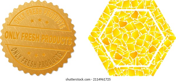 Golden combination of yellow for honeycomb cell icon, and golden metallic Only Fresh Products stamp seal. Honeycomb cell icon mosaic is made of random golden elements.