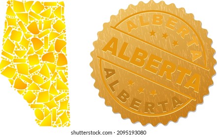 Golden combination of yellow items for Alberta Province map, and gold metallic Alberta seal print. Alberta Province map mosaic is done of scattered gold items.