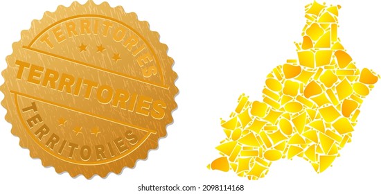 Golden combination of yellow items for Almeria Province map, and gold metallic Territories seal print. Almeria Province map composition is made of randomized gold items.