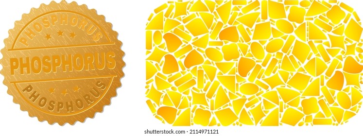 Golden combination of yellow items for rounded rectangle icon, and golden metallic Phosphorus seal print. Rounded rectangle icon composition is constructed from randomized golden items.