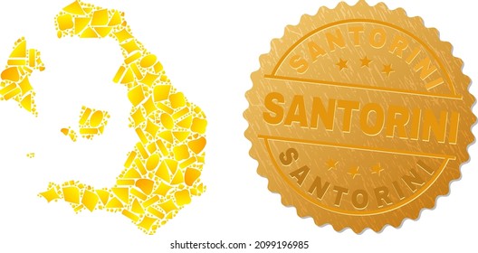 Golden combination of yellow items for Santorini Island map, and golden metallic Santorini stamp seal. Santorini Island map composition is organized with random golden items.
