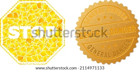 Golden combination of yellow items for stop octagon sign icon, and golden metallic General Danger watermark. Stop octagon sign icon mosaic is done of scattered golden.