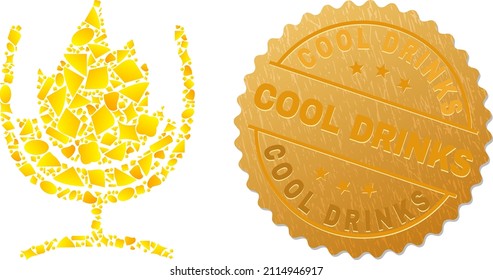 Golden combination of yellow items for wine glass fire icon, and golden metallic Cool Drinks seal. Wine glass fire icon mosaic is formed from scattered golden items.