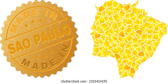 Combinación dorada de amarillo para el mapa del estado de Mato Grosso do Sul, y dorado metálico hecho en Sao Paulo. La composición del mapa del estado de Mato Grosso do Sul está hecha de elementos dorados dispersos.