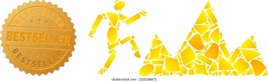 Golden combination of yellow particles for climb rocks icon, and golden metallic Bestseller stamp seal. Climb rocks icon collage is organized of scattered golden.