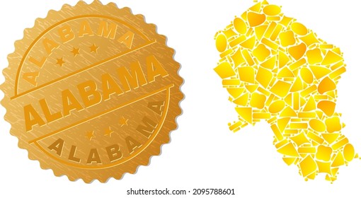 Golden combination of yellow particles for Cordoba Spanish Province map, and golden metallic Alabama watermark. Cordoba Spanish Province map mosaic is designed of scattered golden particles.
