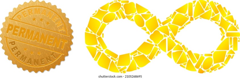 Golden combination of yellow particles for infinity icon, and gold metallic Permanent seal print. Infinity icon collage is constructed of randomized gold particles.