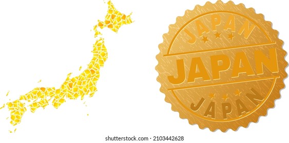 Golden combination of yellow particles for Japan map, and golden metallic Japan seal imitation. Japan map mosaic is designed of scattered golden.