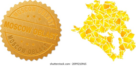 Golden combination of yellow particles for Krasnodarskiy Kray map, and golden metallic Moscow Oblast seal imitation. Krasnodarskiy Kray map composition is constructed of scattered gold particles.