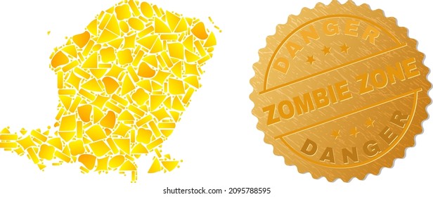 Golden combination of yellow particles for Lombok Island map, and golden metallic Danger Zombie Zone seal print. Lombok Island map collage is composed of random gold elements.