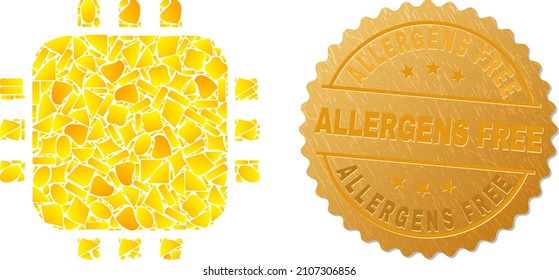 Golden combination of yellow parts for processor icon, and gold metallic Allergens Free stamp. Processor icon collage is done with scattered golden parts.