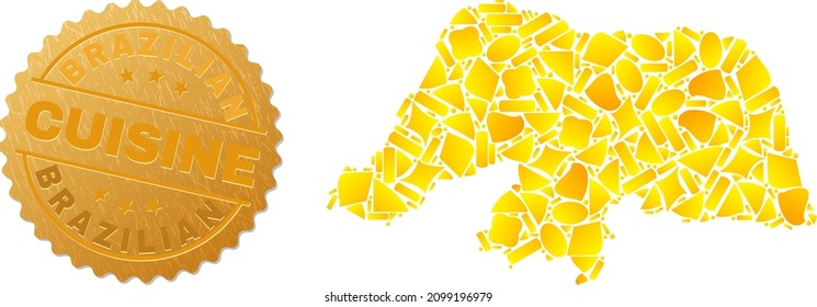 Goldene Kombination von gelben Teilen für Rio Grande do Norte State Map und goldener metallischer brasilianischer Cuisine-Imitation.