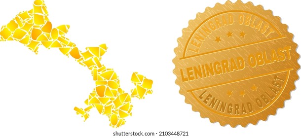 Golden combination of yellow spots for Gansu Province map, and gold metallic Leningrad Oblast stamp seal. Gansu Province map mosaic is done of scattered gold items.