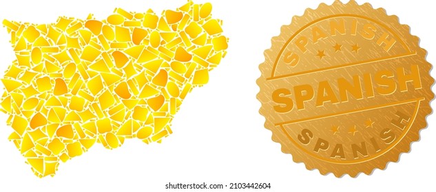 Golden combination of yellow spots for Jaen Spanish Province map, and golden metallic Spanish stamp. Jaen Spanish Province map collage is done from random golden spots.