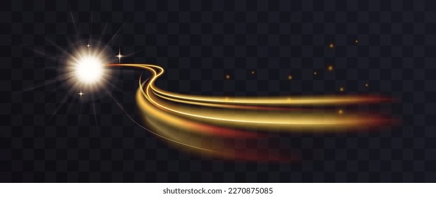 Golden comet with luminous trail of wave shape and glowing light effect vector illustration. Abstract dynamic yellow movement of gold star with energy curves of beams and rays, glow of swirl tail
