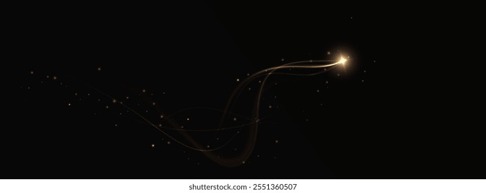 Golden comet png with sparkling stars and dust. Powder dust light PNG. Magic shining gold dust. Fine, shiny dust bokeh part	