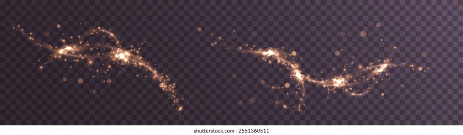 Golden comet png with sparkling stars and dust. Powder dust light PNG. Magic shining gold dust. Fine, shiny dust bokeh part	