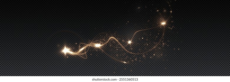 Golden comet png with sparkling stars and dust. Powder dust light PNG. Magic shining gold dust. Fine, shiny dust bokeh part	