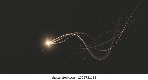 Golden comet png with sparkling stars and dust. Powder dust light PNG. Magic shining gold dust. Fine, shiny dust bokeh part