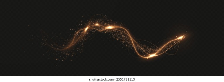 Golden comet png with sparkling stars and dust. Powder dust light PNG. Magic shining gold dust. Fine, shiny dust bokeh part