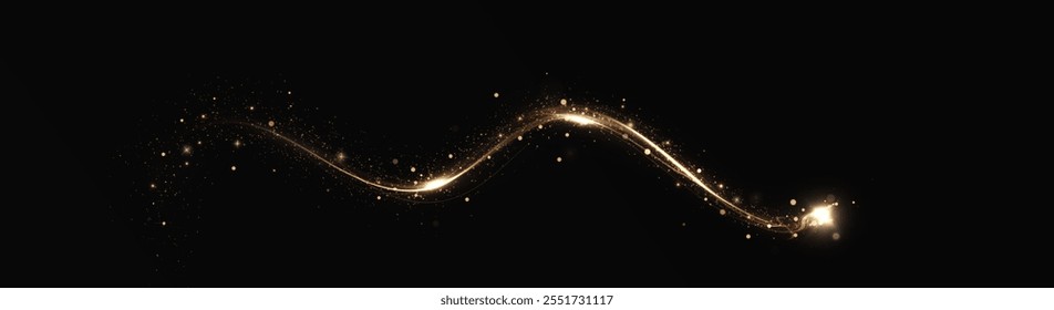 Golden comet png with sparkling stars and dust. Powder dust light PNG. Magic shining gold dust. Fine, shiny dust bokeh part