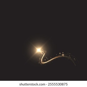 Golden comet png with sparkling stars and dust. Powder dust light PNG. Magic shining gold dust. Fine, shiny dust bokeh part	