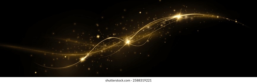 Golden comet with sparkling stars and dust.  The magic of shining gold dust. Fine, shiny dust bokeh