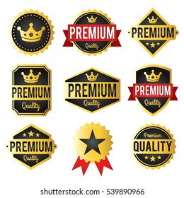 Golden Commerce Labels/Badges premium set (white). Quality signs. Stamps with crown and ribbons