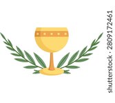 Golden communion chalice flanked by green olive leaves branch
