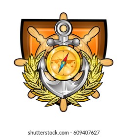 Golden compass with anchor in the center of wooden steering wheel between golden wreath in center of shield. Sport logo for any yachting or sailing team or championship isolated on white