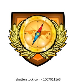 Golden compass between wreath in center of shield on white. Sport logo for any yachting or sailing team or championship