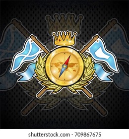 Golden compass with crown between wreath and flags on blackboard. Sport logo for any yachting or sailing team or championship