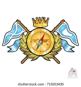 Golden compass with crown between wreath and flags on white. Sport logo for any yachting or sailing team or championship
