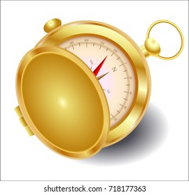 A golden compass with lid with a wind rose on a gold chain. North, south, west, east, geography, coordinates, directions