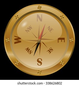 Golden compass on black background.
