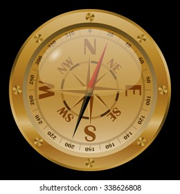 Golden compass on black background.

