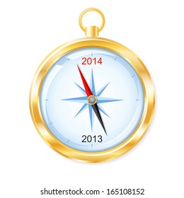 Golden compass points to New Year 2014. Vector illustration.