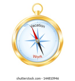 Golden compass points to vacations. Vector illustration.