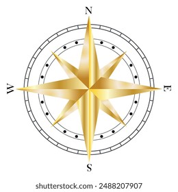 Golden compass rose isolated on white background. Background image of a compass in gold color. Navigation arrow symbols. Navigation compass equipment in vector format