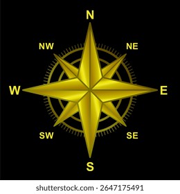 Golden Compass Rose Vector Illustration Isolated on Black Background for Navigation Direction North South East West Design Element