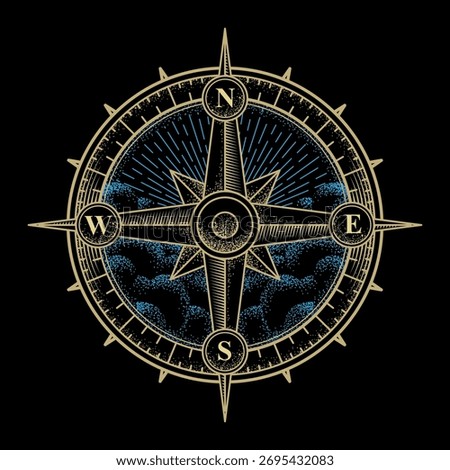 Golden compass with sky and sunlight in engraving line art style