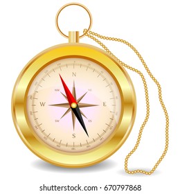 A golden compass with a wind rose on a gold chain. North, south, west, east, geography, coordinates, directions