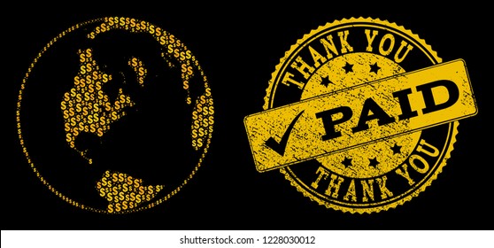 Golden composition of dollar mosaic global map of world and paid textured seal. Vector seal with grunge rubber texture and PAID text.