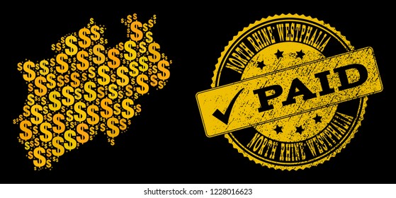 Golden composition of dollar mosaic map of North Rhine-Westphalia State and paid rubber seal stamp. Vector seal with grunge rubber texture and PAID caption.