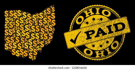Golden composition of dollar mosaic map of Ohio State and paid unclean seal stamp. Vector seal with scratched rubber texture and PAID text.